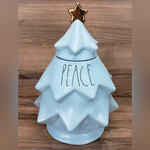 NEW Rae Dunn Peace Christmas Tree Light Blue Ceramic Canister Cookie Jar - Picture 1 of 5